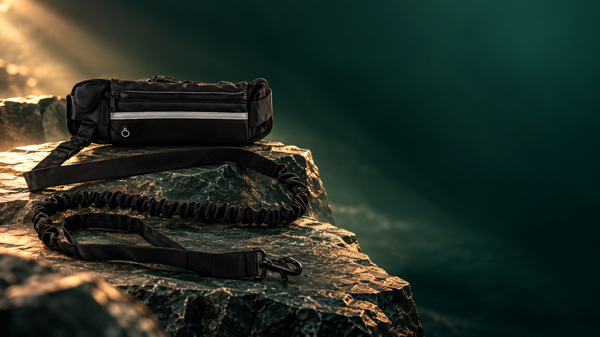 NightGuard hands-free dog leash with black waist pack and bungee cord resting on a stone ledge